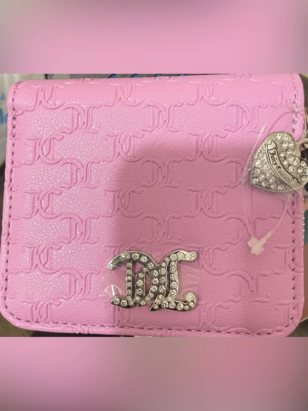Juicy Couture Pink Embossed Kids Card Wallet with Crystal Logo Charm